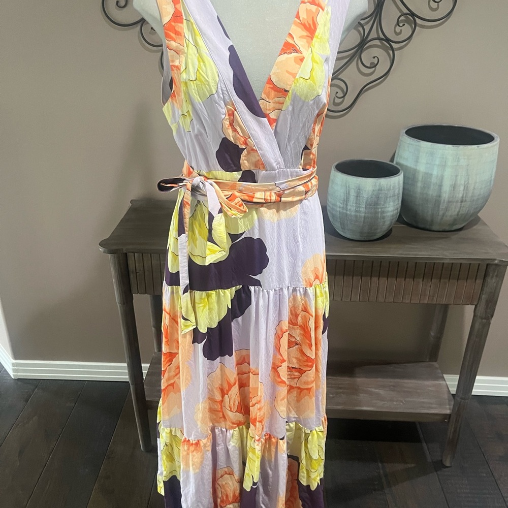Orange and Yellow Plunge Neck Sleeveless Midi Sundress